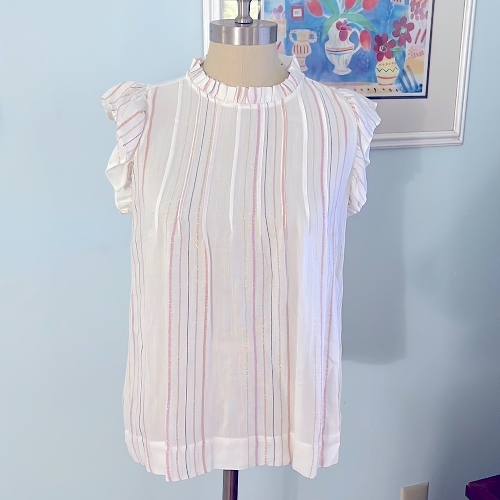 Loft Shimmer Striped Ruffled Sleeveless Top size L NWT